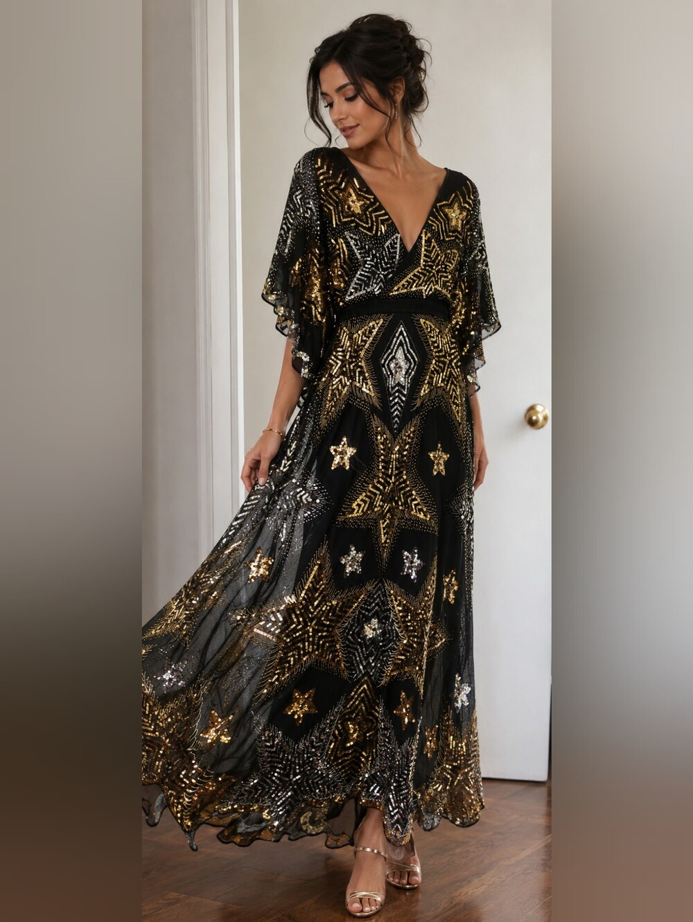 ASOS Black Maxi Dress with Gold & Silver Star Sequin Motif